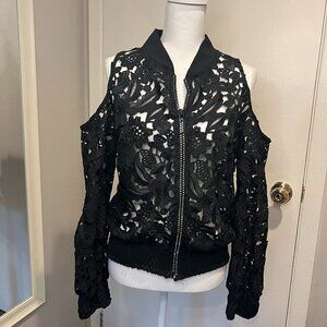 NWT Faust Paris Designer Black lace cold shoulder Blouson jacket, Size Large